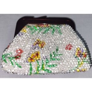 Vintage Beaded Women's Coin Purse Floral Crystal Clear Mini Bag Cute!